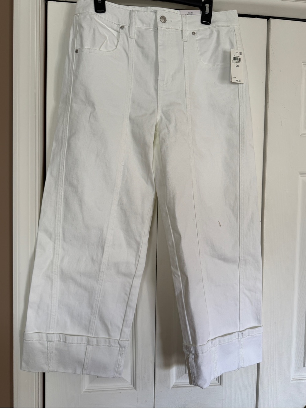 White Cropped Cuff Jeans for Women by